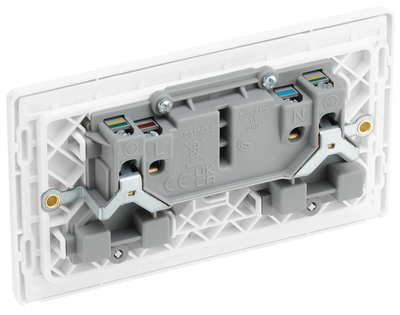 PCDBS22W Back - This Evolve Brushed Steel 13A double switched socket from British General has been designed with angled in line colour coded terminals and backed out captive screws for ease of installation, and fits a 25mm back box making it an ideal retro-fit replacement for existing sockets.