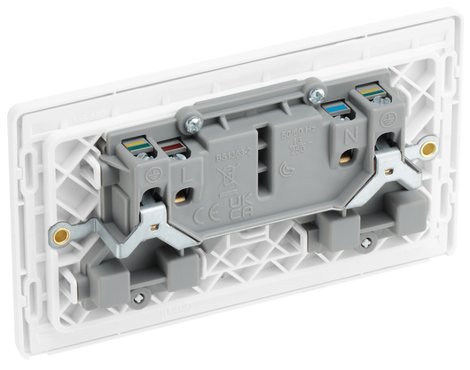PCDBS22W Back - This Evolve Brushed Steel 13A double switched socket from British General has been designed with angled in line colour coded terminals and backed out captive screws for ease of installation, and fits a 25mm back box making it an ideal retro-fit replacement for existing sockets.