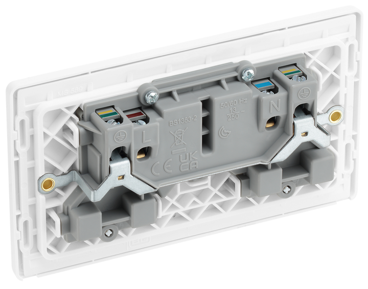 PCDBS22W Back - This Evolve Brushed Steel 13A double switched socket from British General has been designed with angled in line colour coded terminals and backed out captive screws for ease of installation, and fits a 25mm back box making it an ideal retro-fit replacement for existing sockets.