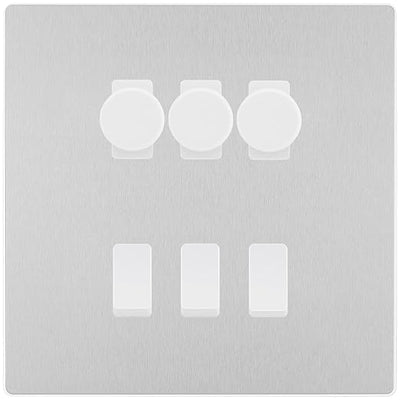 BG Evolve Brushed Steel 6 Gang Switch 3x Trailing Edge LED Dimmer 3x 2Way Custom Switch by British General (BG-Evolve-BS-6G-CUSTOM-3x-Dimmer-3x-2WAY)