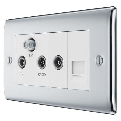 BG Nexus Polished Chrome Triplex TV/FM/Sat Socket + Return & Tel. NPC68 with 35mm Steel Back Box