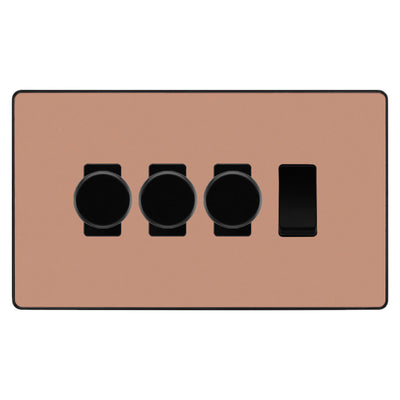 BG Evolve Polished Copper 4 Gang Light Switch 3x Trailing Edge LED Dimmer 1x 2 Way Custom Switch by British General (Evolve-PC-CUSTOM-4GANG-3xDIMMER-1x-2WAY)