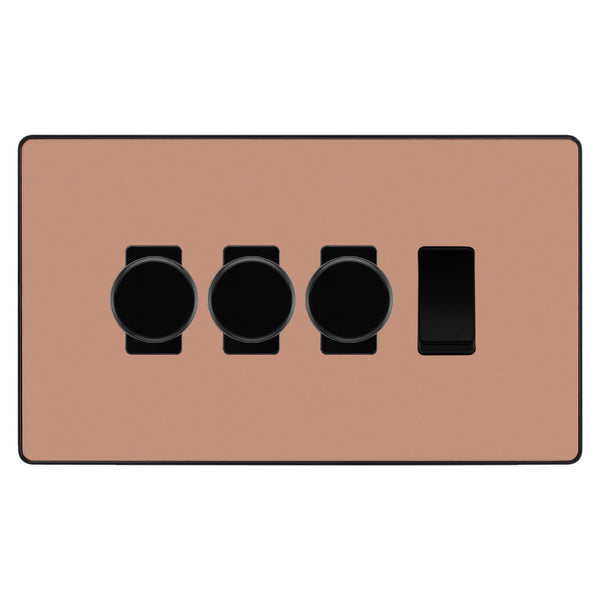 BG Evolve Polished Copper 4 Gang Light Switch 3x Trailing Edge LED Dimmer 1x 2 Way Custom Switch