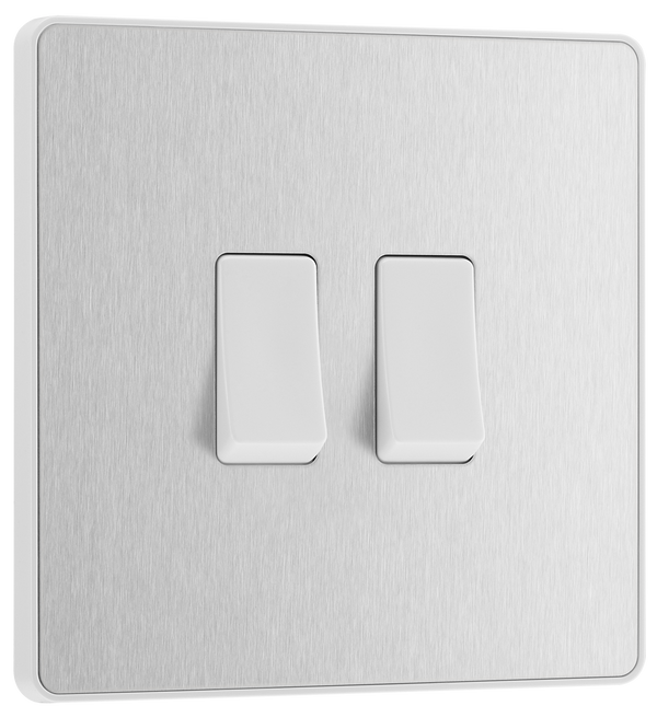 PCDBS42W Front - This Evolve Brushed Steel 20A 16AX double light switch from British General can operate 2 different lights, whilst the 2 way switching allows a second switch to be added to the circuit to operate the same light from another location (e.g. at the top and bottom of the stairs).