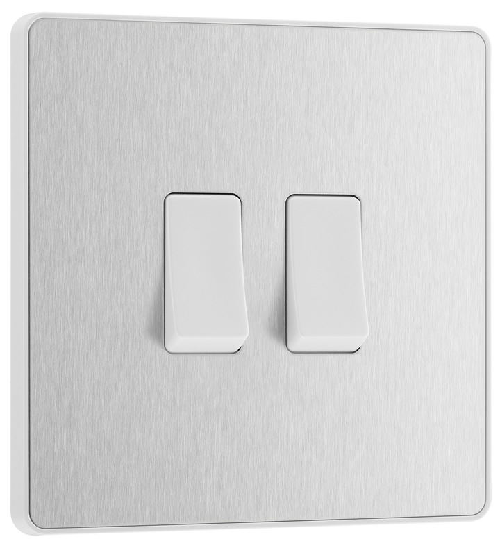 PCDBS42W Front - This Evolve Brushed Steel 20A 16AX double light switch from British General can operate 2 different lights, whilst the 2 way switching allows a second switch to be added to the circuit to operate the same light from another location (e.g. at the top and bottom of the stairs).