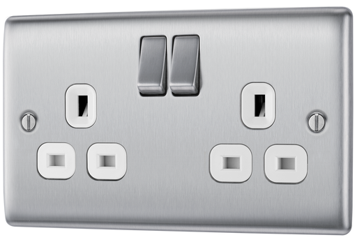 NBS22W Front - This brushed steel finish 13A double switched socket from British General has a sleek and slim profile with softly rounded edges, anti-fingerprint lacquer and no visible plastic around the switches for a luxurious finish