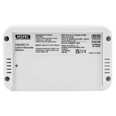 10 Year Longlife Battery Carbon Monoxide Detector - Hispec HSA/BC/10 by HiSPEC (Safelincs-HILBCO)
