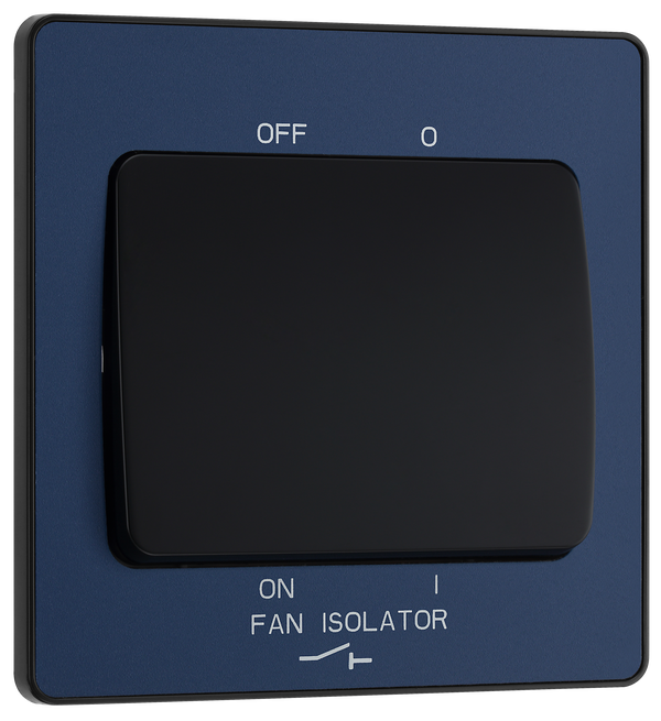 PCDDB15B Front - This Evolve Matt Blue 10A triple pole fan isolator switch from British General provides a safe and simple method of isolating mechanical fan units. This switch has a low profile screwless flat plate that clips on and off, making it ideal for modern interiors.