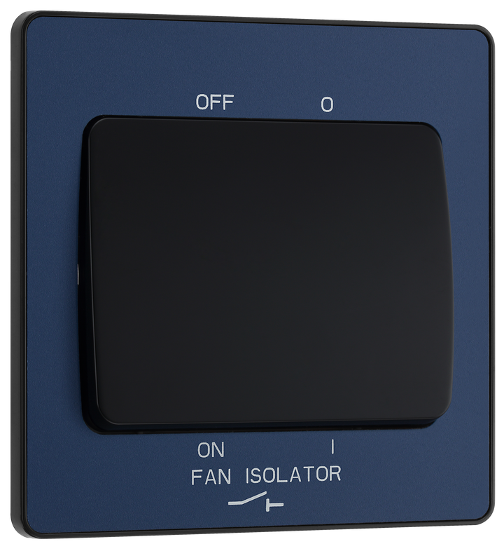 PCDDB15B Front - This Evolve Matt Blue 10A triple pole fan isolator switch from British General provides a safe and simple method of isolating mechanical fan units. This switch has a low profile screwless flat plate that clips on and off, making it ideal for modern interiors.