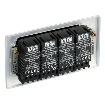 BG Nexus Polished Chrome 4 Gang 200W 2 Way Trailing Edge Push Type Dimmer Switch NPC84 with 35mm Steel Back Box