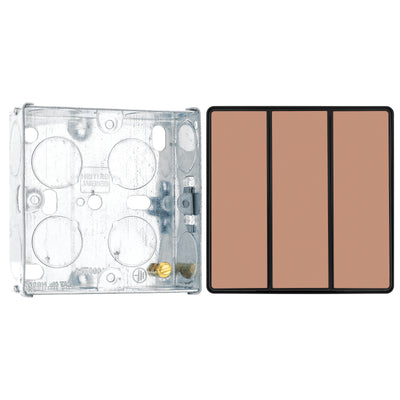 BG Evolve Polished Copper 2 Way Triple Edge to Edge Rocker Switch PCDCP43EB with 25mm Steel Back Box