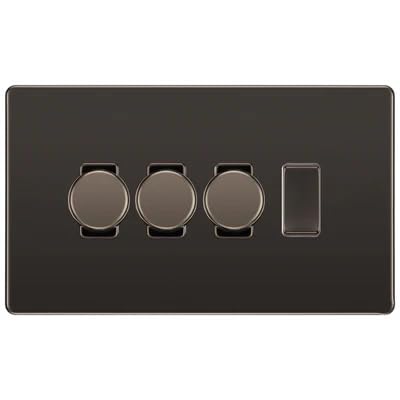 BG Screwless Black Nickel 4 Gang Switch 3x Trailing Edge LED Dimmer 1x Intermediate Custom Grid Switch by British General (BG-SCRL-BN-4G-CUSTOM-3x-Dimmer-1x-INT)