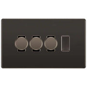 BG Screwless Black Nickel 4 Gang Switch 3x Trailing Edge LED Dimmer 1x Intermediate Custom Grid Switch by British General (BG-SCRL-BN-4G-CUSTOM-3x-Dimmer-1x-INT)