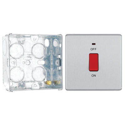 BG Screwless Brushed Steel 45A DP Single Plate + Neon FBS74 with 35mm Steel Back Box
