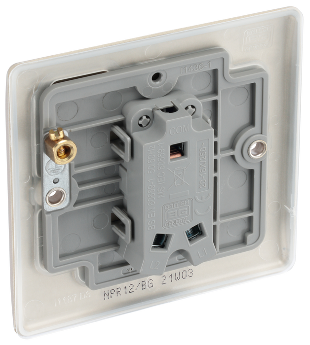 NPR12 Back - This pearl nickel finish 20A 16AX single light switch from British General will operate one light in a room. The 2 way switching allows a second switch to be added to the circuit to operate the same light from another location (e.g. at the top and bottom of the stairs).