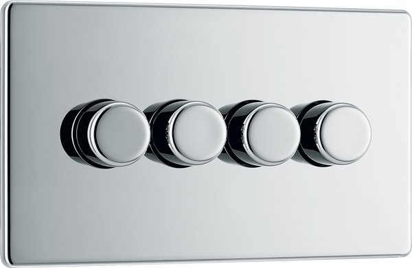 FPC84 Front - This trailing edge quadruple dimmer switch from British General allows you to control your light levels and set the mood. The intelligent electronic circuit monitors the connected load and provides a soft-start with protection against thermal.