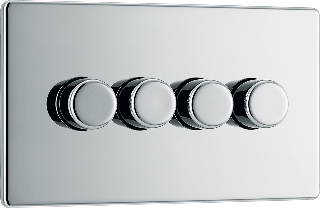 FPC84 Front - This trailing edge quadruple dimmer switch from British General allows you to control your light levels and set the mood. The intelligent electronic circuit monitors the connected load and provides a soft-start with protection against thermal.