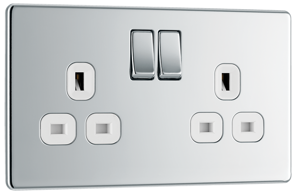 FPC22W Front - This Screwless Flat plate polished chrome finish 13A double switched socket from British General has a sleek flat profile that clips on and off for a screwless premium finish with no visible plastic around the switch.