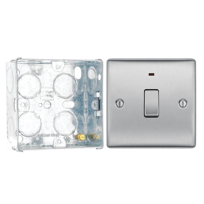 BG Nexus Brushed Steel 1 Gang 20A 2 Pole Neon Switch NBS31 with 35mm Steel Back Box