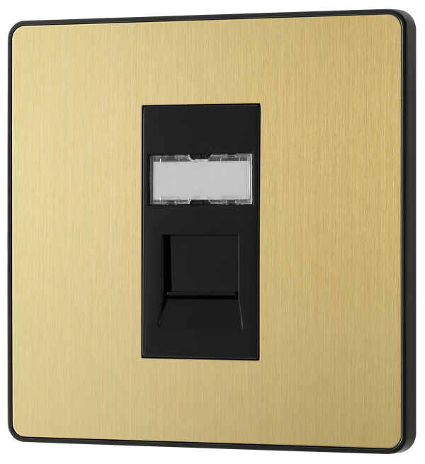 PCDSBRJ451B Front - This Evolve Satin Brass RJ45 ethernet socket from British General uses an IDC terminal connection and is ideal for home and office, providing a networking outlet with ID window for identification. The Cat6 outlet supports data transfer speeds of up to 10Gbps at 250 MHz up to 164 feet.