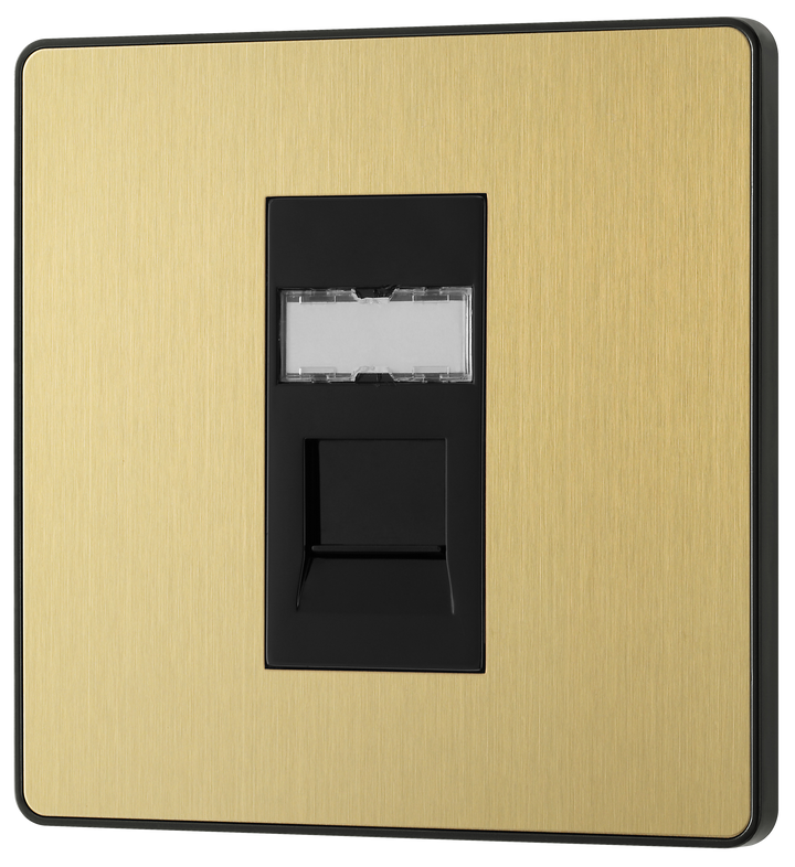 PCDSBRJ451B Front - This Evolve Satin Brass RJ45 ethernet socket from British General uses an IDC terminal connection and is ideal for home and office, providing a networking outlet with ID window for identification. The Cat6 outlet supports data transfer speeds of up to 10Gbps at 250 MHz up to 164 feet.