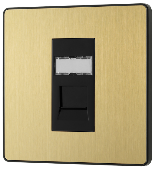 PCDSBRJ451B Front - This Evolve Satin Brass RJ45 ethernet socket from British General uses an IDC terminal connection and is ideal for home and office, providing a networking outlet with ID window for identification. The Cat6 outlet supports data transfer speeds of up to 10Gbps at 250 MHz up to 164 feet.