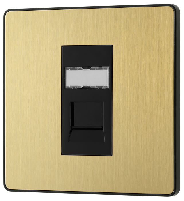 PCDSBRJ451B Front - This Evolve Satin Brass RJ45 ethernet socket from British General uses an IDC terminal connection and is ideal for home and office, providing a networking outlet with ID window for identification. The Cat6 outlet supports data transfer speeds of up to 10Gbps at 250 MHz up to 164 feet.