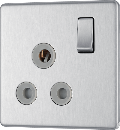 BG FBS99G Flatplate Screwless 15A, 1 Gang Switched Socket, Brushed Steel - Grey Insert