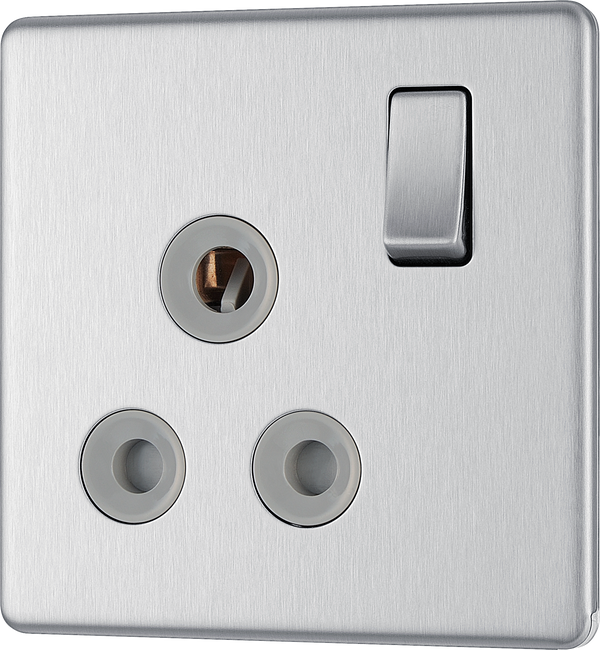 FBS99G Front - This 15A round pin switched socket from British General has a brushed steel finish with an anti-fingerprint lacquer and slim clip-on/off front-plate to add a touch of luxury to your decor.