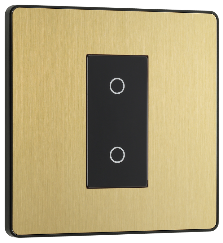 PCDSBTDM1B Front - This Evolve Satin Brass single master trailing edge touch dimmer allows you to control your light levels and set the mood.