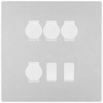 BG Evolve Brushed Steel 6 Gang Switch 4x Trailing Edge LED Dimmer 2x 2Way Custom Grid Switch by British General (BG-Evolve-BS-6G-CUSTOM-4x-Dimmer-2x-2WAY)
