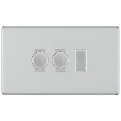 BG Screwless Brushed Steel 3 Gang Switch 2x Trailing Edge LED Dimmer 1x Intermediate Custom Grid Switch by British General (BG-SCRL-BS-3G-CUSTOM-2x-Dimmer-1x-INT)