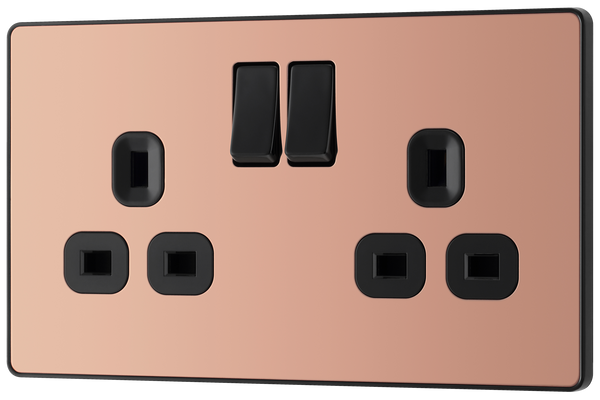 PCDCP22B Front - This Evolve Polished Copper 13A double switched socket from British General has been designed with angled in line colour coded terminals and backed out captive screws for ease of installation, and fits a 25mm back box making it an ideal retro-fit replacement for existing sockets.