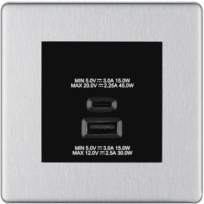 BG Brushed Steel 45W USB Wall Socket Euro Module USB-A & C - Black Insert by British General (BG-FBSEMS2+EMUSBAC45B)