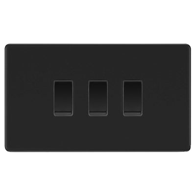 BG Screwless Matt Black Triple Light Switch in Double Format 3 Gang Switch