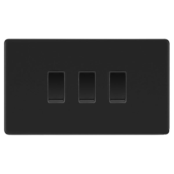 BG Screwless Flatplate Matt Black Triple Light Switch in Double Format 3 Gang Switch