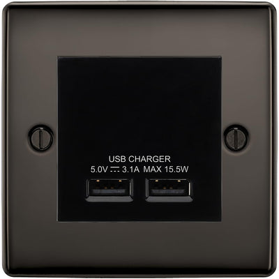 BG Nexus Metal Black Nickel Dual USB Charger 3.1A Output Socket - Black Insert by British General (BG-NBNEMS2+EMUSB3B)