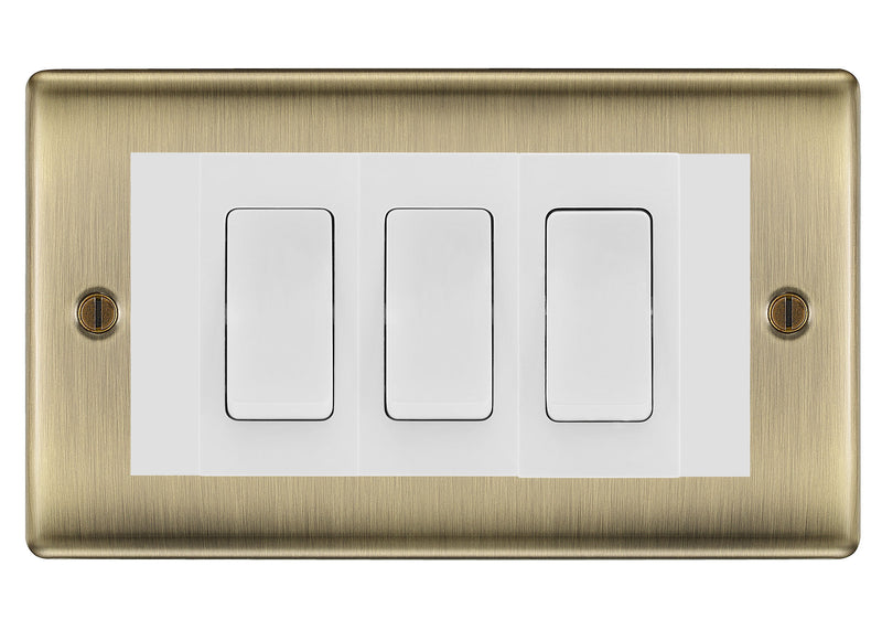 BG Nexus Antique Brass 3 Gang Intermediate Light Switch Custom Grid - White Insert