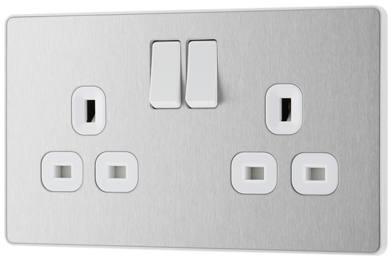 BG PCDBS22W Brushed Steel Evolve 2 Gang 13A Switched Socket Outlet - White Insert by British General (BG-PCDBS22W-Shopify-SA_1)