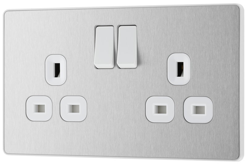 BG PCDBS22W Brushed Steel Evolve 2 Gang 13A Switched Socket Outlet - White Insert