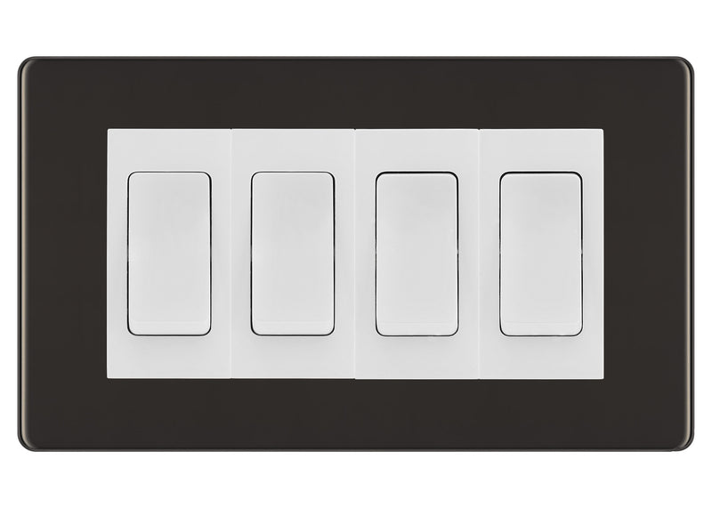 BG Screwless Black Nickel 4-Gang Light Switch 1x 2-Way + 3x Intermediate – White Inserts