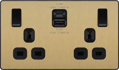 BG Evolve PCDSB22UAC22B 13A Double Switched Socket + USB A+C (22W) - Satin Brass