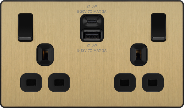 BG Evolve PCDSB22UAC22B 13A Double Switched Socket + USB A+C (22W) - Satin Brass