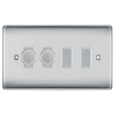 BG Nexus Brushed Steel 4 Gang Switch 2x Trailing Edge LED Dimmer 2x Intermediate Custom Grid Switch