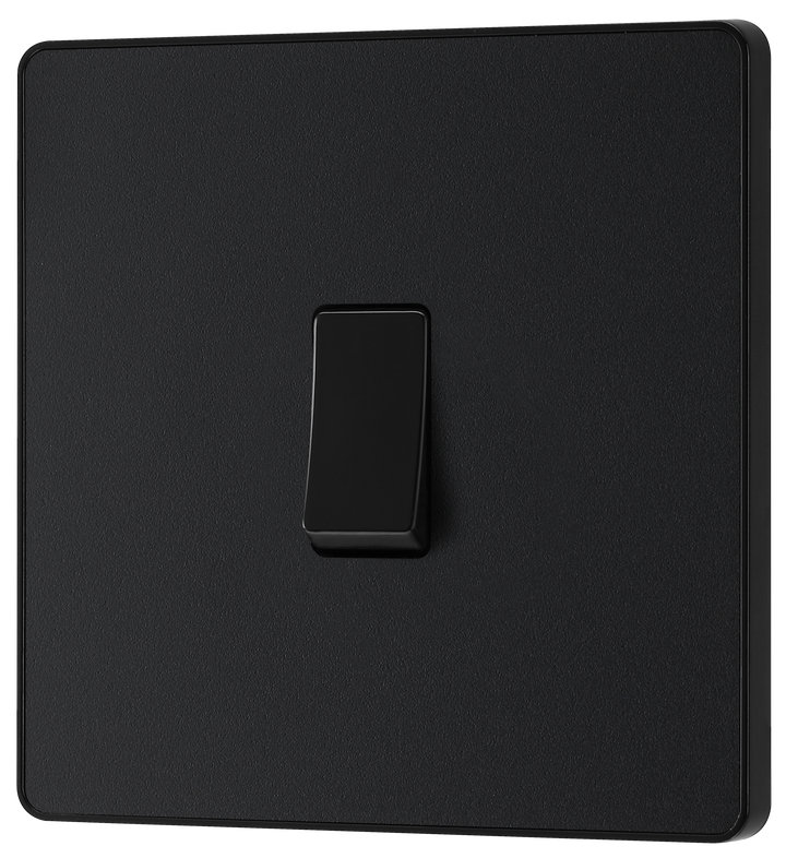 PCDMB12B Front - This Evolve Matt Black 20A 16AX single light switch from British General will operate one light in a room. The 2 way switching allows a second switch to be added to the circuit to operate the same light from another location (e.g. at the top and bottom of the stairs).