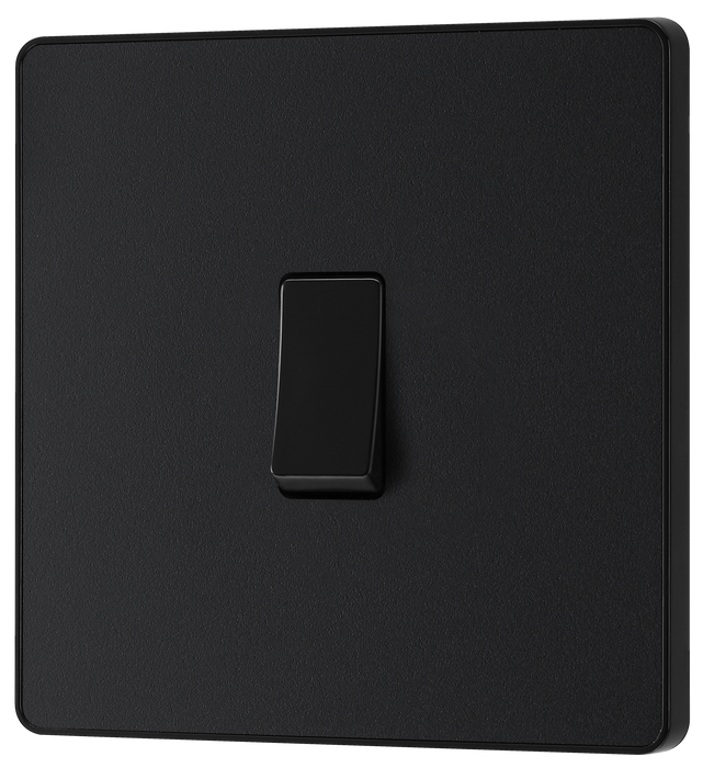 PCDMB12B Front - This Evolve Matt Black 20A 16AX single light switch from British General will operate one light in a room. The 2 way switching allows a second switch to be added to the circuit to operate the same light from another location (e.g. at the top and bottom of the stairs).