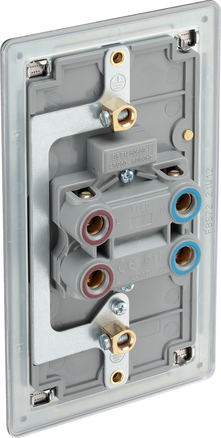 FBS72 Back - This 45A double pole switch with indicator from British General is ideal for use with cookers and has a large mounting plate measuring 146mm high x 86mm wide.