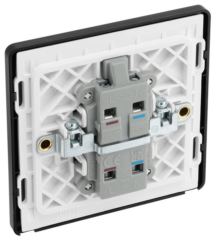 PCDBC31B Back - This Evolve Black Chrome 20A double pole switch with indicator from British General has been designed for the connection of refrigerators, water heaters, central heating boilers and many other fixed appliances.