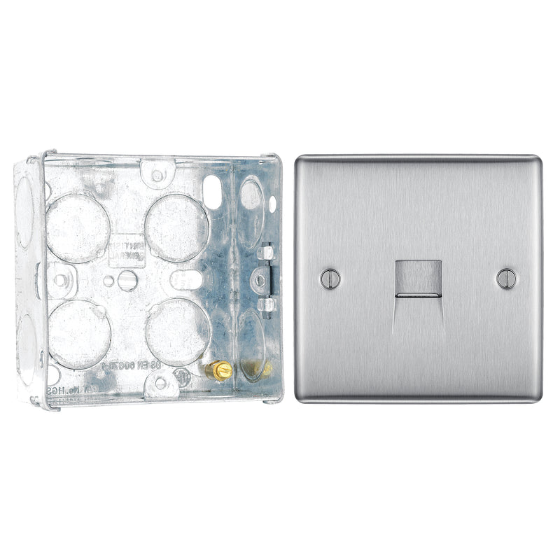 BG Nexus Brushed Steel Single Slave Telephone Socket NBSBTS1 With 35mm Steel Back Box