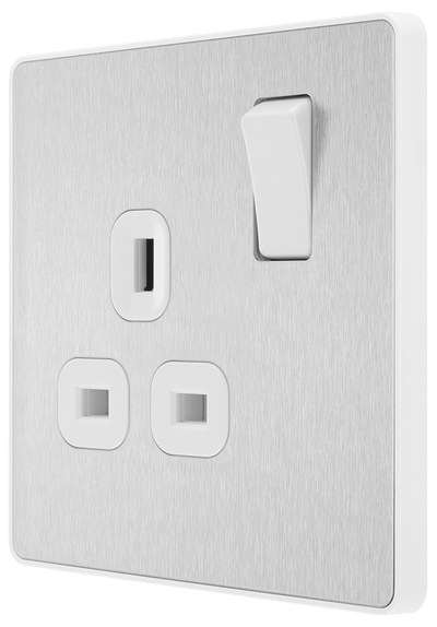 PCDBS21W Side - This Evolve Brushed Steel 13A single switched socket from British General has been designed with angled in line colour coded terminals and backed out captive screws for ease of installation, and fits a 25mm back box making it an ideal retro-fit replacement for existing sockets.